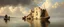 Placeholder: master oil painting by Rembrandt, square box floating stone fortress boat