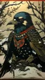 Placeholder: A 19th-century serigraphy portrait by Kunisada of a crow adorned in a punk leather jacket within a snowy Christmas atmosphere.