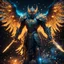 Placeholder: bioluminescent demonic knight with golden wings, covered with glowing crystals, fire and water particles in air, bright colors, glowing sparkle particles, dark tone, sharp focus, high contrast, 8k, incredible depth, depth of field, dramatic lighting, beautifully intricate details, clean environment, epic dynamic scene