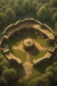 Placeholder: fantasy medieval fighting arena into the woods from above