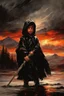 Placeholder: A formidable warrior-a 10-year-old boy in a black robe with a hood, on the background Amazing gloomy landscape, flooded with sunset, mountains, trees, fabulous scary hero, , juicy emotions, painting, dark fantasy, bad weather, gloomy day, dark world, by Raymond Swanland & Alyssa Monks & Anna Razumovskaya & James Paick