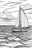 Placeholder: A sailboat glides gracefully across the endless expanse of a tranquil, azure ocean, its sails billowing in the gentle breeze. The vastness of the open sea stretches as far as the eye can see, offering a profound sense of boundless freedom and adventure..coloring book page, simple and clean line art, adult drawing book, black and white, crisp black lines, no shades, sharp lines, coloring book for adults, cartoon style, landscape