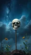 Placeholder: stars in the background and plants of out of this world galaxy in a blue and gray cloud of stormy weather a stick fixed on the ground with skull put on it