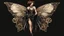 Placeholder: Full Body, Art Nouveau Woman With A Bob With A Fringe Hairstyle, 1920s Clothing, Steampunk Metal Moth wings, Black Background