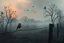 Placeholder: arafed whimsical folk art: post-apocalyptic grey tones, serene overgrown landscape at dawn, end of humanity, wild plum trees, soft mist, grotesque rain, a (((vibrant robin))) with glowing fiery red feathers perched on a rusted low fence-wire in the foreground, swallows circling, damp dark earth, abandoned decaying wooden posts fading, soft ethereal dawn, pastel tones, heavy rust vibe, scrap metal vibe
