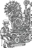 Placeholder: A coloring page of Santa and his elves in steampunk-inspired attire working on futuristic toy-making machinery surrounded by gears, cogs, and steam., a bold ink line sketch drawing illustration.