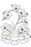 Placeholder: outline art for visually rich appealing heart ikebana orchids plumeria spa rounded stones around candles, coloring page for kids, white background, fit to page, only use outline, clean line art, no shadows, clear and well outlined