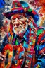 Placeholder: captivating conceptual painting of the iconic rock star, Willie Nelson, rendered in a vibrant and abstract art style. The background is a swirling, chaotic mix of artistic strokes that evoke a sense of rebellion and energy. The overall composition is a celebration of creativity, movement, and the essence of rock 'n' roll., vibrant, painting, conceptual art