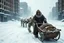 Placeholder: post-apocalyptic winter dystopia, zombie polar bear mutant creatures in harnesses pulling a sled carrying a man dressed in steampunk snow goggles, head-wrapping, and heavy robes; middle of a street in an empty destroyed crumbling city, massive snow drifts, ice particles, dramatic