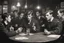 Placeholder: Smoky pub, cheerful young men drinking around a table, a policeman looking thoughtfully at the ID card of one of the boys, lamplight