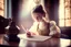 Placeholder: cute chibi contented victorian princess writing a letter in a victorian room in sunshine, ethereal, cinematic postprocessing, dof, bokeh