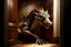 Placeholder: A real good dragon knocks on the door of a child's room, realism photographic,