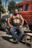 Placeholder: half figure photography of an ugly 36 year old chubby robust burly turkish plumber, wearing his work unbuttoned bulging overalls, bulge, leaning with his back to his van, arms folded and emotive look, ajar mouth, hairy chest, , very virile, short black beard, shaved hair, sweat, , in a sunny street, photorealistic , frontal view from the ground