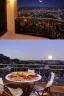 Placeholder: It's a starry night, with a luminous crescent moon, and from the balcony of an elegant luxury apartment, a view of a city with a hill and a river, lights in the windows of the houses. On the balcony, a dining table with a tray with a bird pattern, pizza and wine in starlight