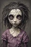 Placeholder: full color, illustration of a dark, menacing, monster girl, as a decayed, broken, crude homemade cloth doll toy, with a narrow cracked porcelain face, thick dark eyebrows, hair made from ragged strips of cloth, in the style of Alex Pardee, Tim Burton, and Nadya Sheremet