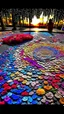 Placeholder: "Midnight Serenade unique" low view angle shot down sunset large close up a beautiful street with colorful wild flowers on both sides , granite terrazzo motifs with puzzle modern , clothing is decorated with colorful filigree abstract, Collage chutes papiers magazines,Spirograph background by Nisa Kiley, Textile Artist،