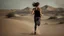 Placeholder: beautiful slender caucasian female technician, black tank top, angry, running, well toned muscles, weathered face, scratched sand camo metal details, short brunette wavy bob haircut, dystopian, desert scene with smoke and explosions,