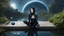 Placeholder: fantasy photo of a woman with black hair, sitting on a ledge over a pond, wearing an android-looking catsuit, sideways, with a planet behind her head