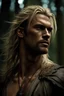 Placeholder: Tall muscular man aged 35 with light shaggy hair which falls around his shoulders, blonde neatly trimmed beard, photorealistic, dark fantasy, forest.