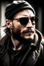 Placeholder: Norwegian war veteran, strong, brown beanie, beaten, grumpy, tom hardy, john wick, handsome, sunglasses, mid long hair