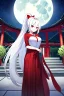 Placeholder: girl, masterpiece, best quality, cinematic lighting, detailed outfit, vibrant colors, perfect eyes, white hair, very long hair, ponytail, red eyes, hakama, shrine, moon, starry sky, plants, stone walkway, lamppost, butterflies,