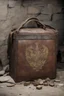 Placeholder: in the BASEMENT there is an old, broken brown oblong leather chest with short handles, from which gold coins from the time of Catherine the Great fall out. The ancient coat of arms of tsarist Russia, the double-headed eagle, is BARELY VISIBLE on the bag. There are a lot of broken bricks and earth around the bag. All in high quality 8K