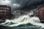 Placeholder: storm of the century, wall of water barreling into Boston, flooding, downpour, tornados, lightning, tidal wave, dramatic typhoon ocean water cresting storm walls, raging storm, modern disaster movie scene, by Michael Bay, by Stephen Wilkes, buildings falling apart, maximalism dystopia, major flood damage, wall of dark thunderheads, street flooding, driving rain