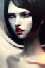 Placeholder: girl, cute, beautiful, white eyes, red lips, black hair with bangs, goth, close up portrait by Greg Rutkowski