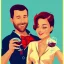 Placeholder: Adwertisment wine label. A woman lady in her 40 and her male colleague with short hair, with muscles, without glasses- drinking fresh red wine with smiles. funny, ,simple drawing.