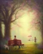 Placeholder: park mystical dream, park bench, man, woman, child, dog, trees, path, bird, sunshine, mystical, fantasy, romanticism, pastel colors, daylight, daytime, acrylic painting, detailed, soft focus,