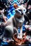 Placeholder: breathtaking cinematic 3D render illustration of a slender purebred Siamese cat, featuring its iconic wedge-shaped head, large ears, piercing blue eyes, and a mesmerizing smooth flat coat. The cat is surrounded by delicate apple blossom flowers and framed by intricate line art, highlighting its fine details. The composition bursts with vibrant splashes of fire and ice, seamlessly blending these elements. Dynamic water splashes add drama, and a black background accentuates the rich color palette