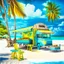 Placeholder: A wonderful palm beach on an exotic tropical island, white sand, crystal blue water, a wooden dock with green, yellow and blue wooden chairs, a food truck