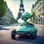 Placeholder: a cartoon alien driving a car down a road in paris, a character portrait by Mike Winkelmann, featured on cgsociety, pop surrealism, rendered in cinema4d, daz3d, behance hd