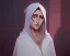 Placeholder: A white hooded robe covers a woman with a gentle look