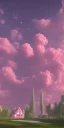 Placeholder: Devil. pink houses, pink sky, pink smoke, trees, outdoors. street.