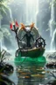 Placeholder: action figure of a glossed an transparent chained and crucified alien electric racoon necromancer on round swamp transparent glass obcidian boat beholder eye wheel throne in a charged foggy jungle starry waterfall, blur background to make character pop out