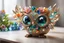 Placeholder: closeup, cute chibi sleeping owl fairy, Coloured glass flowers set with gemstones, glittering metal stems and gemstone leaves on a room table sharp focus elegant extremely detailed intricate very attractive beautiful dynamic lighting fantastic view crisp quality exquisite detail in the sunshine gems and jewels