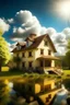 Placeholder: family house in forest lake clouds sun