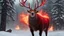 Placeholder: a red angry Reindeer full of blistering rage expressed by fire and brimstone raining down onto a wintery scenario, santa claus is looking on in fear , detailed, realistic, 8k uhd, high quality