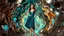 Placeholder: A fashion model poses with a dark cyan decollete top, pleated midi skirt, and silver heels. The scene is a cave made of metallic and crystal 3D recursive structures. The image has a blurred bokeh effect, vibrant complimentary colors.