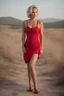 Placeholder: high resolution, very detailed, a portrait of a gorgeous young fit blonde woman stands in a glamorous model pose. short hair with sides shaved, hazel eyes, subtle freckle. she's wearing a one-piece red cloth tube dress. Her hands rest gently on her hips. She wears red high heels with straps across her ankles. She stands in the middle of a deserted country road that vanishes into the distant horizon