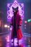 Placeholder: Volumetric fog smack yoga dog snake lights,paradise sacred geometry framed playing card, black, red, spore and purple neon cyber punk dancer priestess teurgist in soaked rain coat shadows boss card in the style of escher and fallout 4 ,,bokeh like f/0.8, tilt-shift lens 8k, high detail, smooth render, down-light, unreal engine