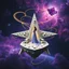 Placeholder: A surreal cosmic scene featuring an elegant woman in a flowing lavender and blue gown standing at the center of a massive five-pointed star-shaped platform floating in deep space. The star is constructed from intricate architectural elements - miniature buildings, geometric cubes, and stone blocks arranged in a mosaic pattern. Golden luminous trails and swirling energy ribbons spiral around the star's points. The background features a breathtaking nebula with purple, pink, and blue cosmic clouds