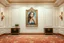 Placeholder: a very beautiful lady upper body photo in pretty frame hanging a wall in a luxury galery stage with carpets in floor