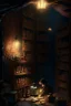 Placeholder: A dark, dingy brick dungeon, with a small shelf hanging on the back wall, containing only nine vintage bottles of various sizes, and a lantern sitting on the floor, casting light on a pile of books with a young child studying