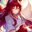 Placeholder: Clear focus, 8k, beautiful lighting, vibrant colors, fox girl, red hair, long hair, white eyes, miko, tail, smile,