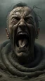 Placeholder: A big statue of a head in the sand huge mouth open and out of it a lot of snakes and spidrs,surrealism of the dark of a nightmare ten miles high and six foot deep, hyper photorealistic, hyper detailed dark art color, high resolution, fog, octane render, tilt shift, HDRI Environment, all pictures dark gray