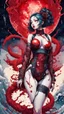 Placeholder: cyberpunk full body, huge girl, blood, guts, cosmic, futuristic, iridescent, intricate, behind made liquid, watercolor illustration by <Katsushika Hokusai>, darkred tones,