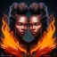 Placeholder: 3D. Detailed Painting .realistic. Dark skin women. Beautiful. the faces of two young black women. Warm. Fire nymphs emerging from the flames.red.. Energy. Focus. THeir hair looks like smoke .smoke curling. Dreadlocs. Their skin is the colour of charcoal . Their hair moves like smoke. . their clothing is made of flames, red. Orange. Yellow. White and gold