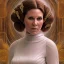 Placeholder: hyperspace background, complete and photo realistic detailed head to waist stunning photo realistic portrait of carrie fisher as Princess Leia in star wars with photo realistic updo hair by Mandy Jurgens and mucha and Richard Schmid and chuck close and chie yoshii, extraordinary and detailed ceremony dress of star wars,brown eyes